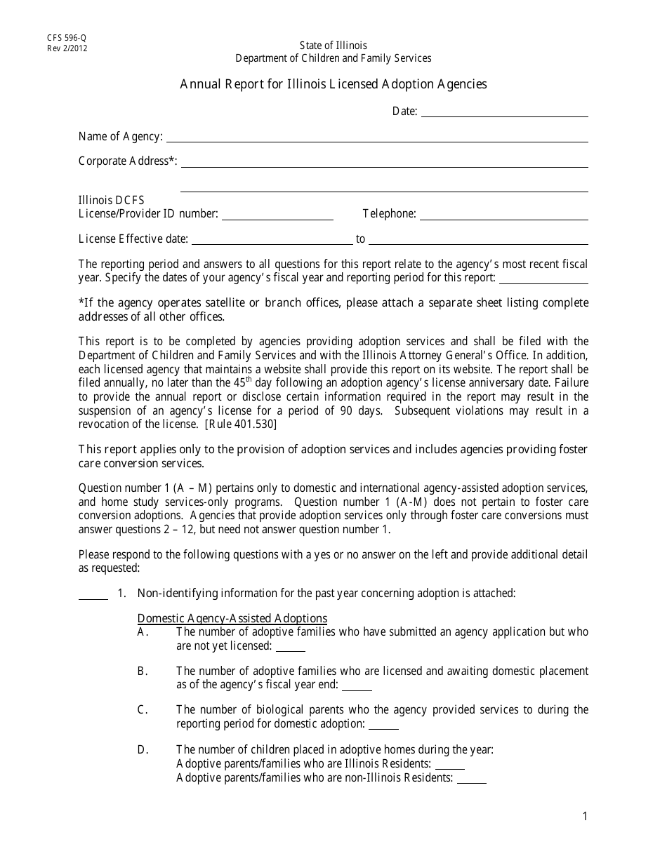 Form CFS596-Q Annual Report for Illinois Licensed Adoption Agencies - Illinois, Page 1