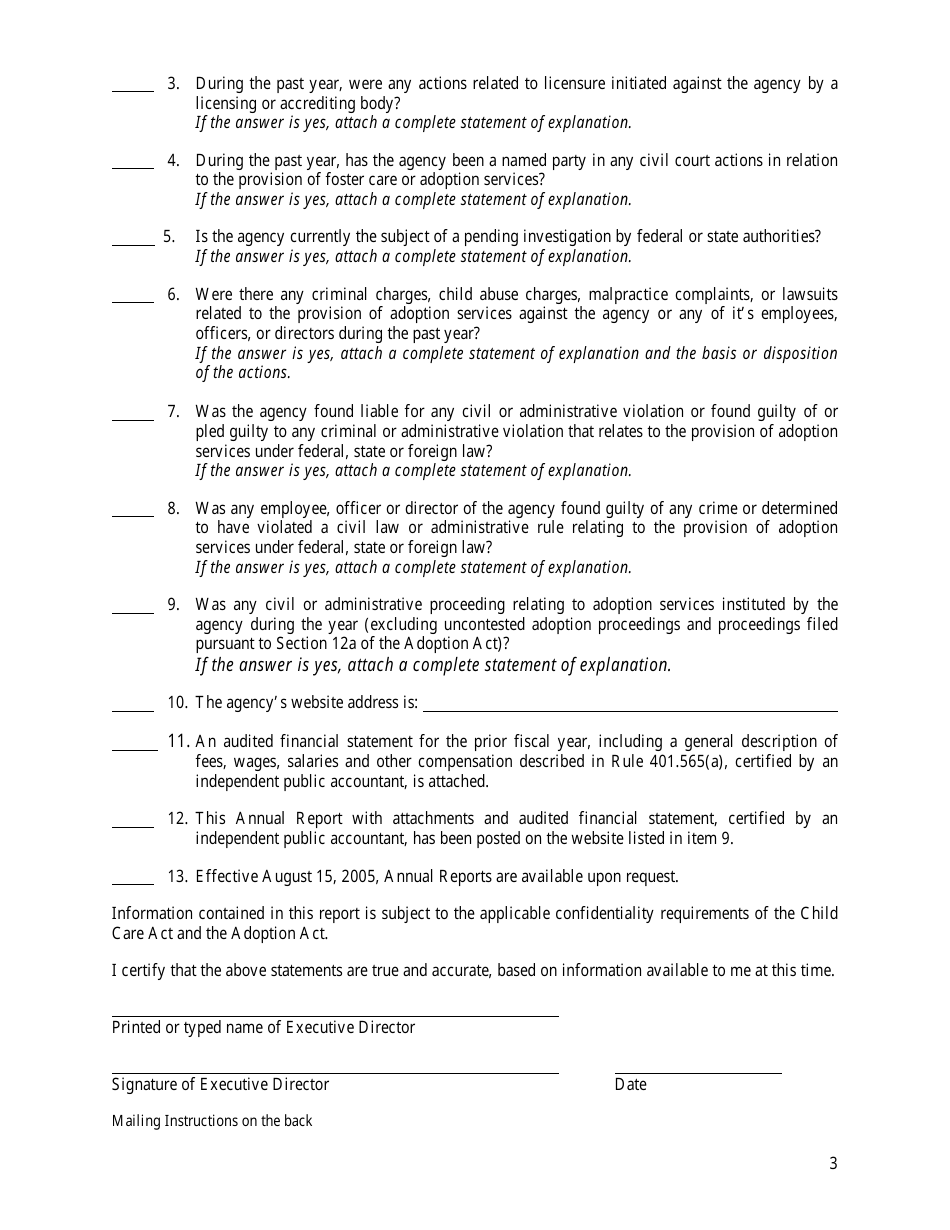 Form CFS596-Q Annual Report for Illinois Licensed Adoption Agencies - Illinois, Page 3