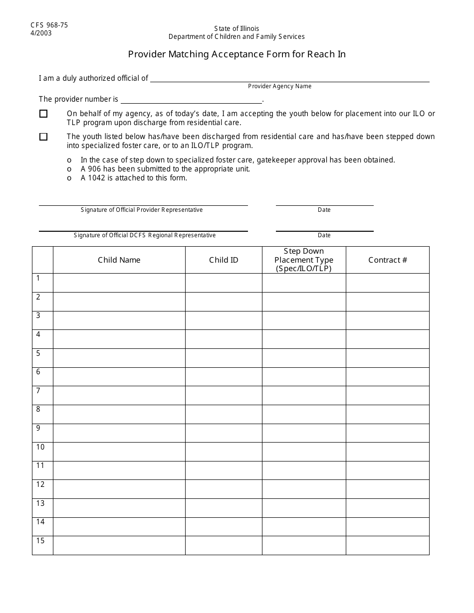 Form CFS968-75 Provider Matching Acceptance Form for Reach in - Illinois, Page 1