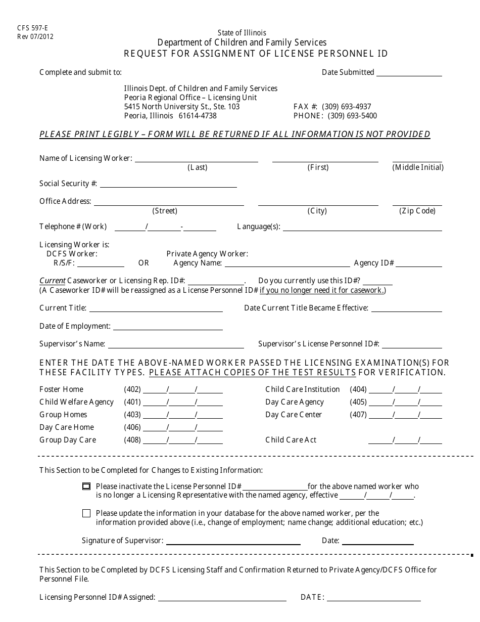 Form CFS597-E Request for Assignment of License Personnel Id - Illinois, Page 1