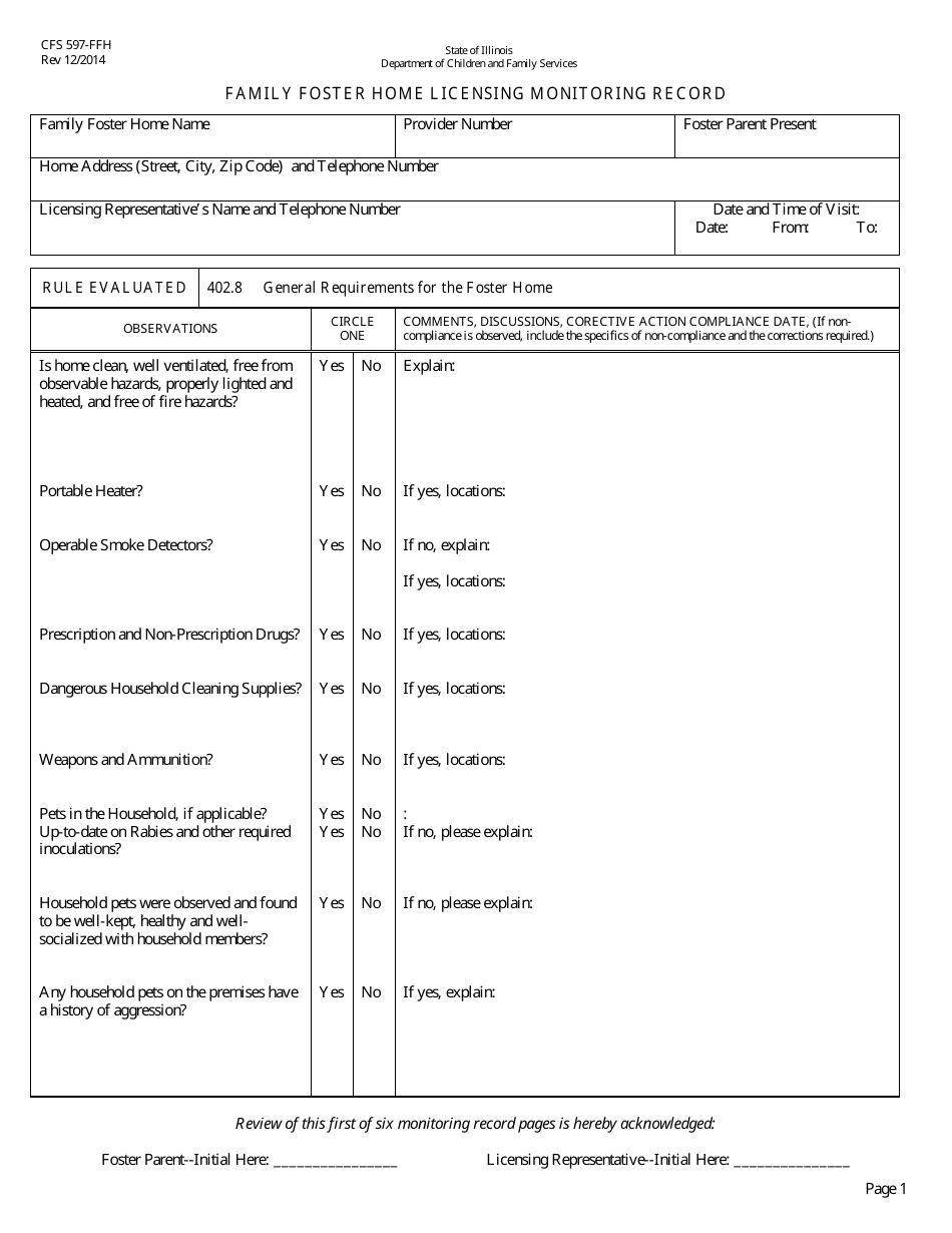 Form CFS597-FFH Family Foster Home Licensing Monitoring Record - Illinois, Page 1