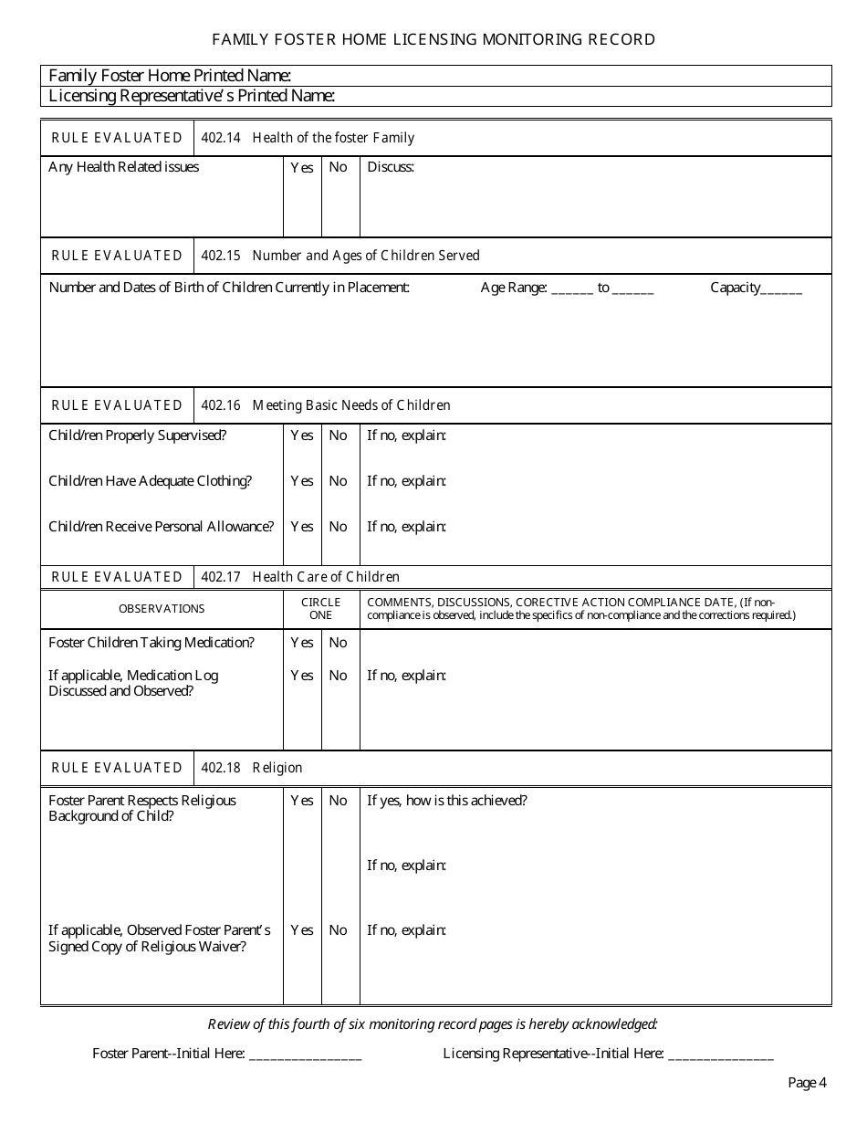 Form CFS597-FFH Family Foster Home Licensing Monitoring Record - Illinois, Page 4