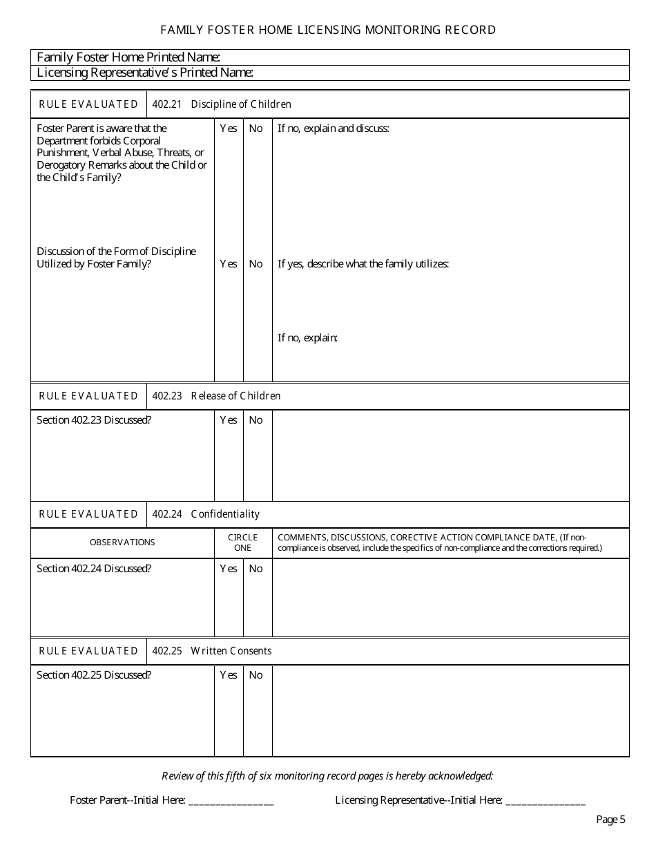 Form CFS597-FFH Family Foster Home Licensing Monitoring Record - Illinois, Page 5