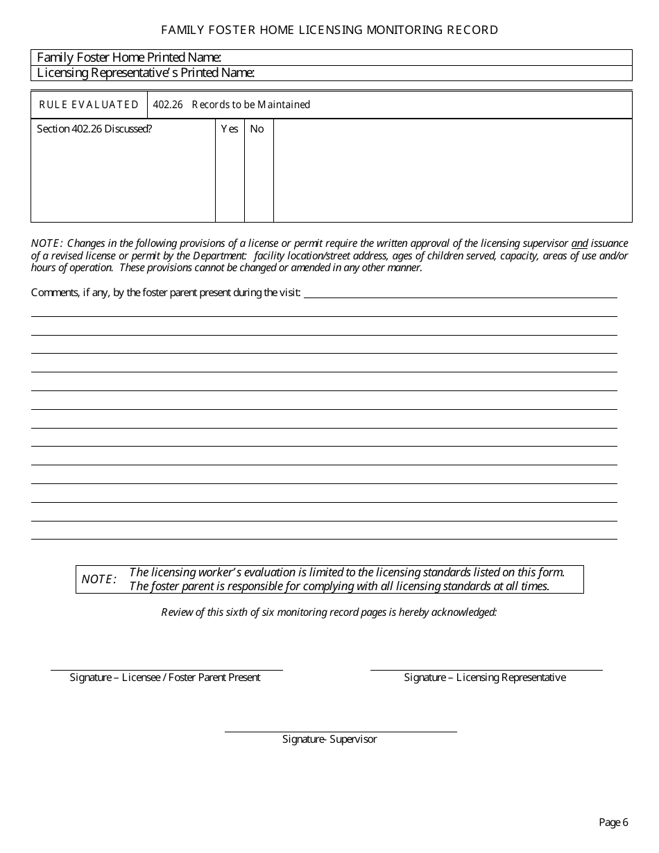 Form CFS597-FFH Family Foster Home Licensing Monitoring Record - Illinois, Page 6