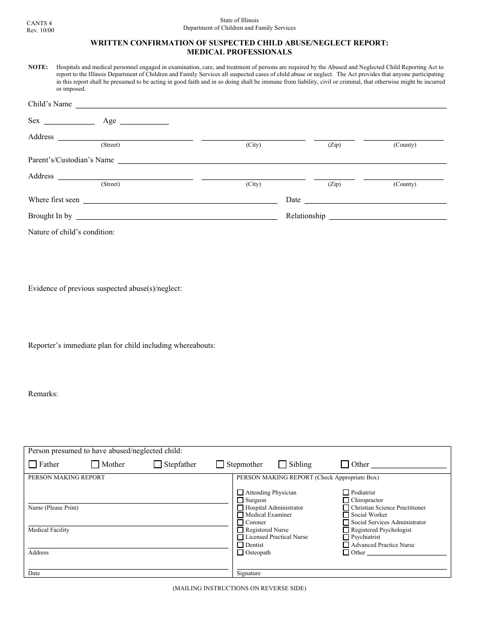 Form CANTS4 Written Confirmation of Suspected Child Abuse / Neglect Report: Medical Professionals - Illinois, Page 1