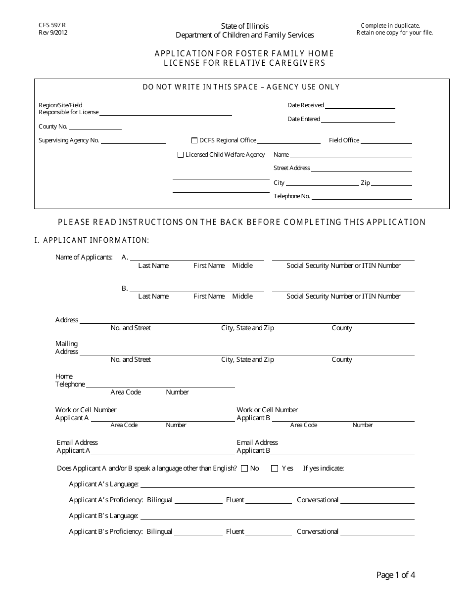 Form CFS597-R Application for Foster Family Home License for Relative Caregivers - Illinois, Page 1