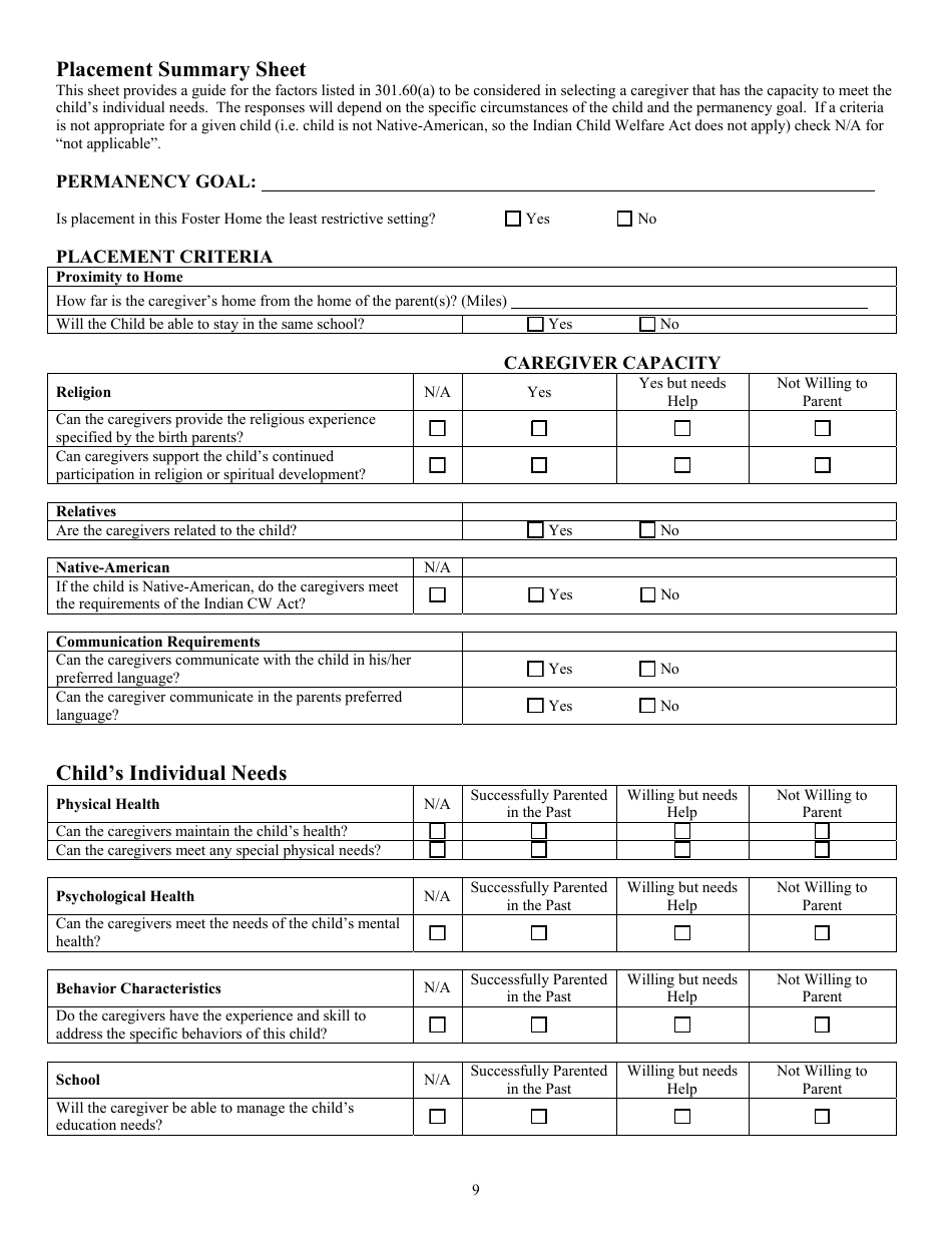 Form CFS2017 Child / Caregiver Matching Tool - Illinois, Page 9