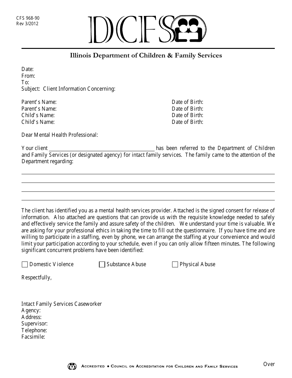 Form CFS968-90 Questions for Mental Health Professionals - Illinois, Page 1