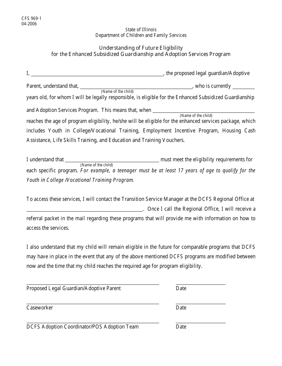 Form CFS969-1 Understanding of Future Eligibility for the Enhanced Subsidized Guardianship and Adoption Services Program - Illinois, Page 1