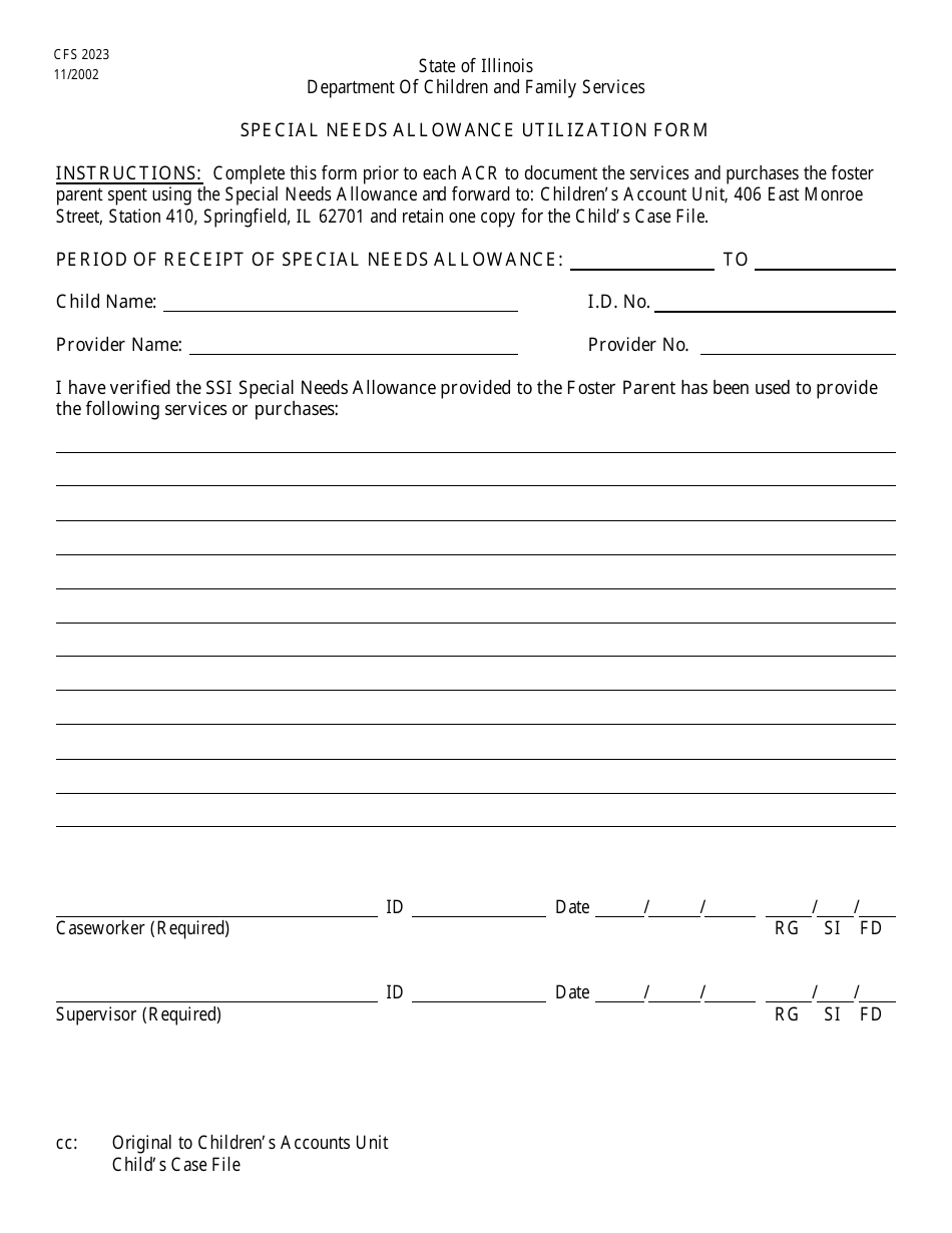 Form CFS2023 Special Needs Allowance Utilization Form - Illinois, Page 1