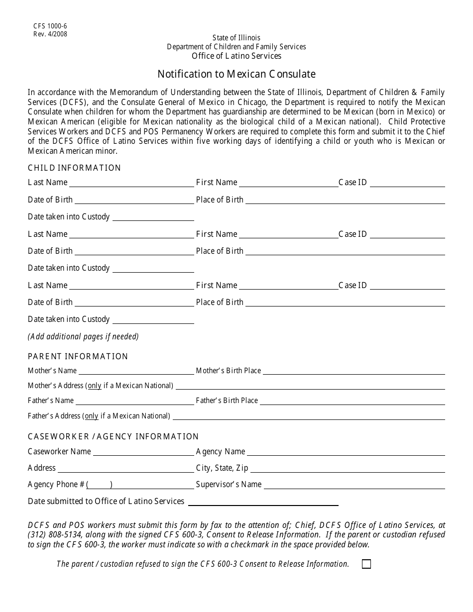 Form CFS1000-6 Notification to Mexican Consulate - Illinois, Page 1