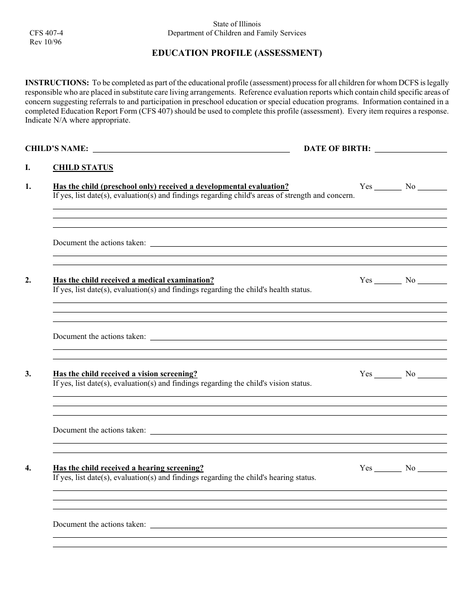 Form CFS407-4 Education Profile (Assessment) - Illinois, Page 1