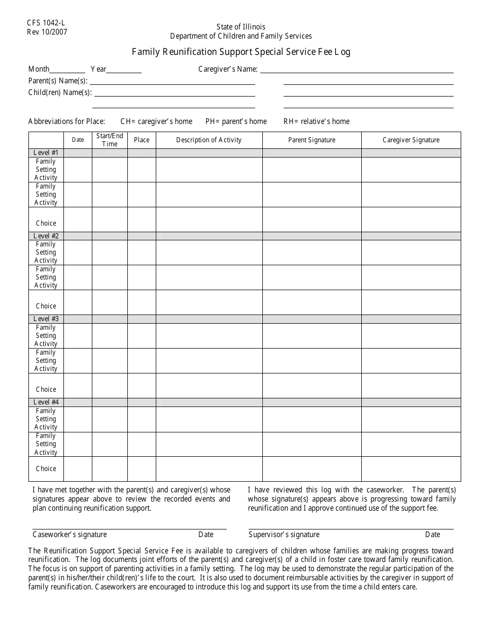 Form CFS1042-L Family Reunification Support Special Service Fee Log - Illinois, Page 1