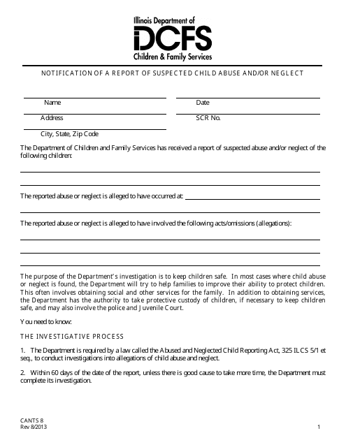 Form CANTS8 Notification of a Report of Suspected Child Abuse and/or Neglect - Illinois