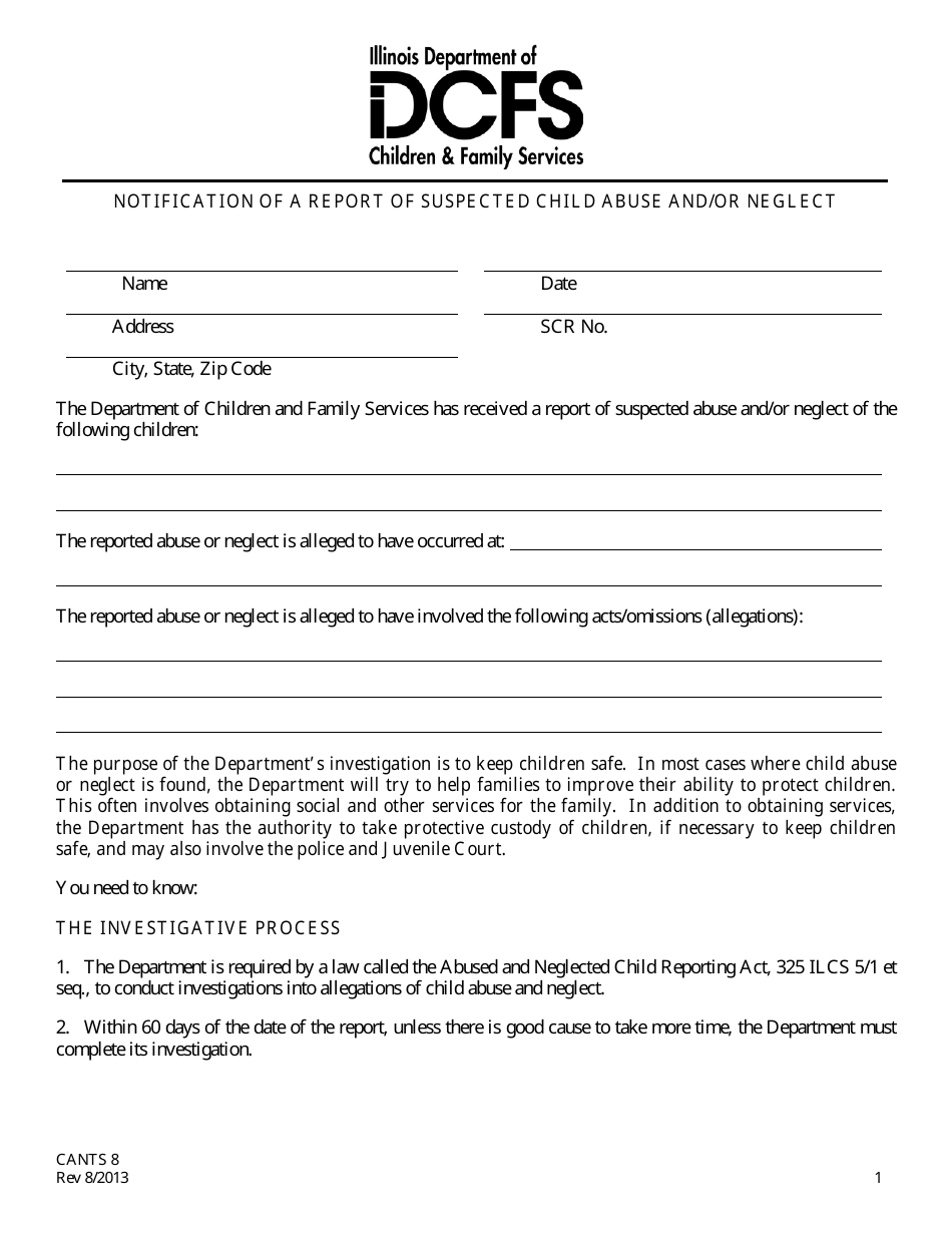Form CANTS8 Notification of a Report of Suspected Child Abuse and / or Neglect - Illinois, Page 1