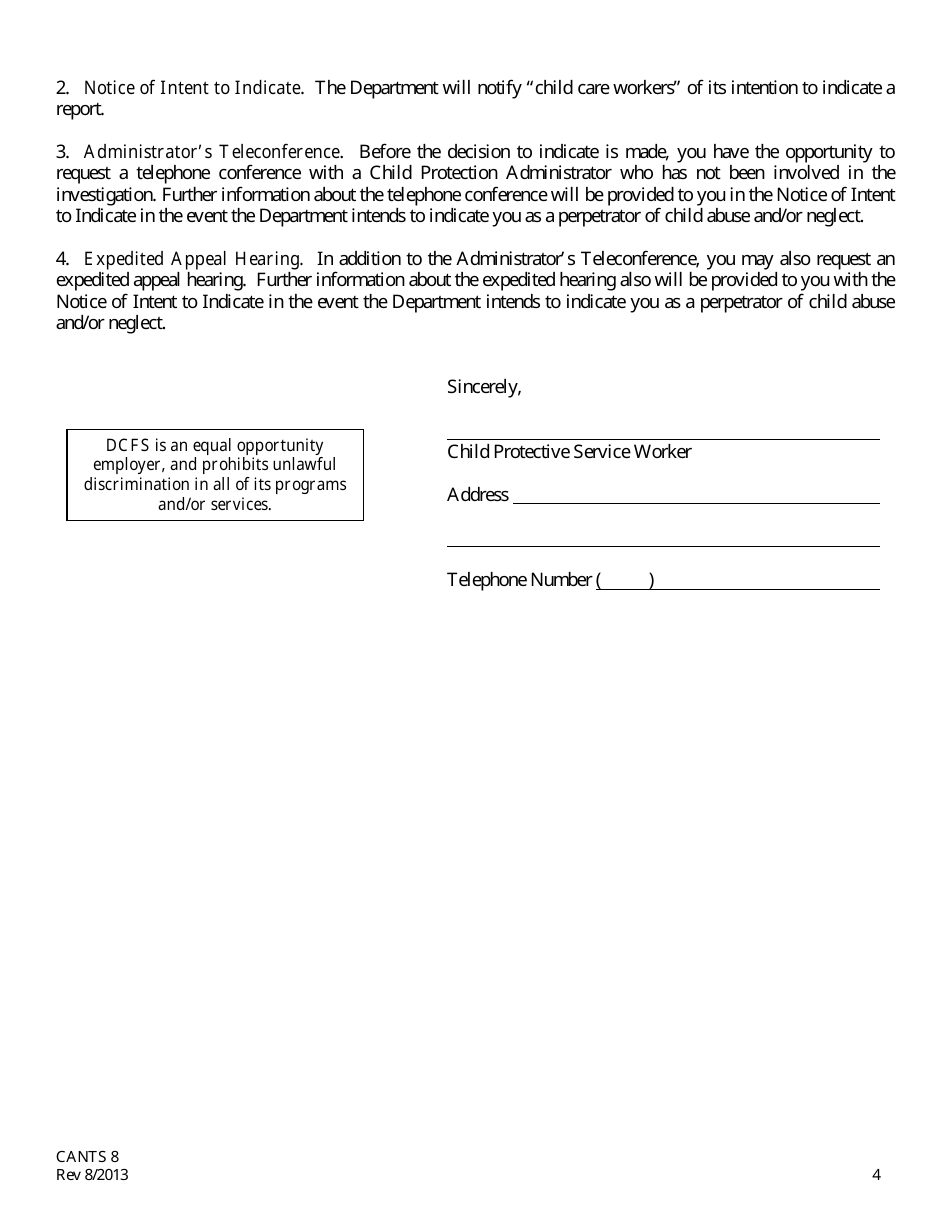 Form CANTS8 Notification of a Report of Suspected Child Abuse and / or Neglect - Illinois, Page 4