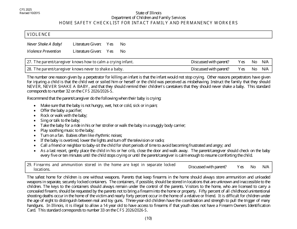 Form CFS2025 Home Safety Checklist for Intact and Permanency Workers - Illinois, Page 10