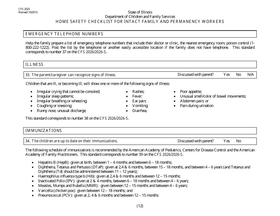 Form CFS2025 Home Safety Checklist for Intact and Permanency Workers - Illinois, Page 12