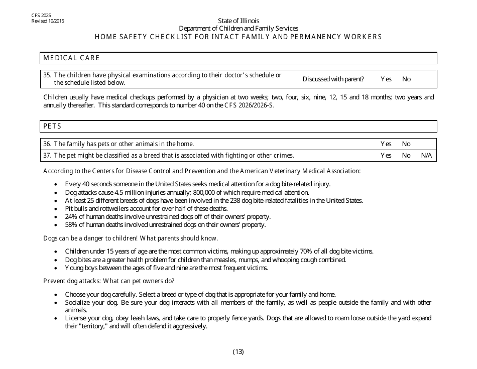 Form CFS2025 Home Safety Checklist for Intact and Permanency Workers - Illinois, Page 13