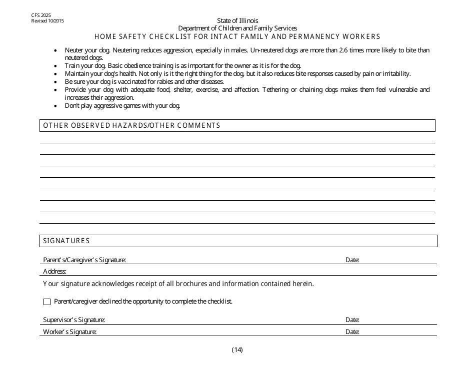 Form CFS2025 Home Safety Checklist for Intact and Permanency Workers - Illinois, Page 14