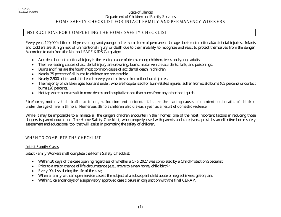 Form CFS2025 Home Safety Checklist for Intact and Permanency Workers - Illinois, Page 1