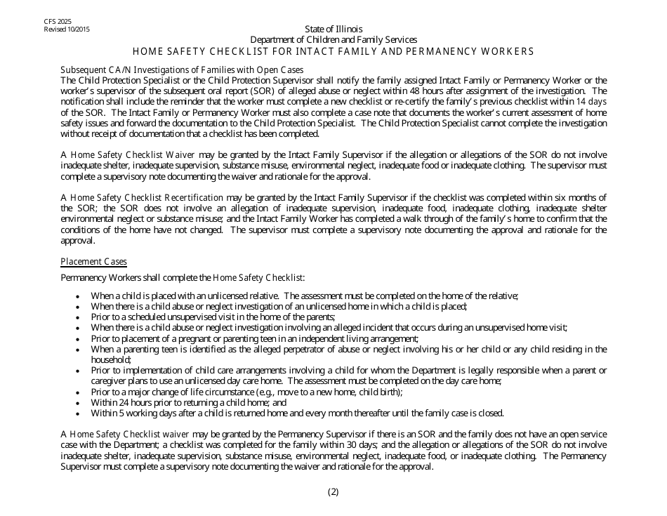 Form CFS2025 Home Safety Checklist for Intact and Permanency Workers - Illinois, Page 2