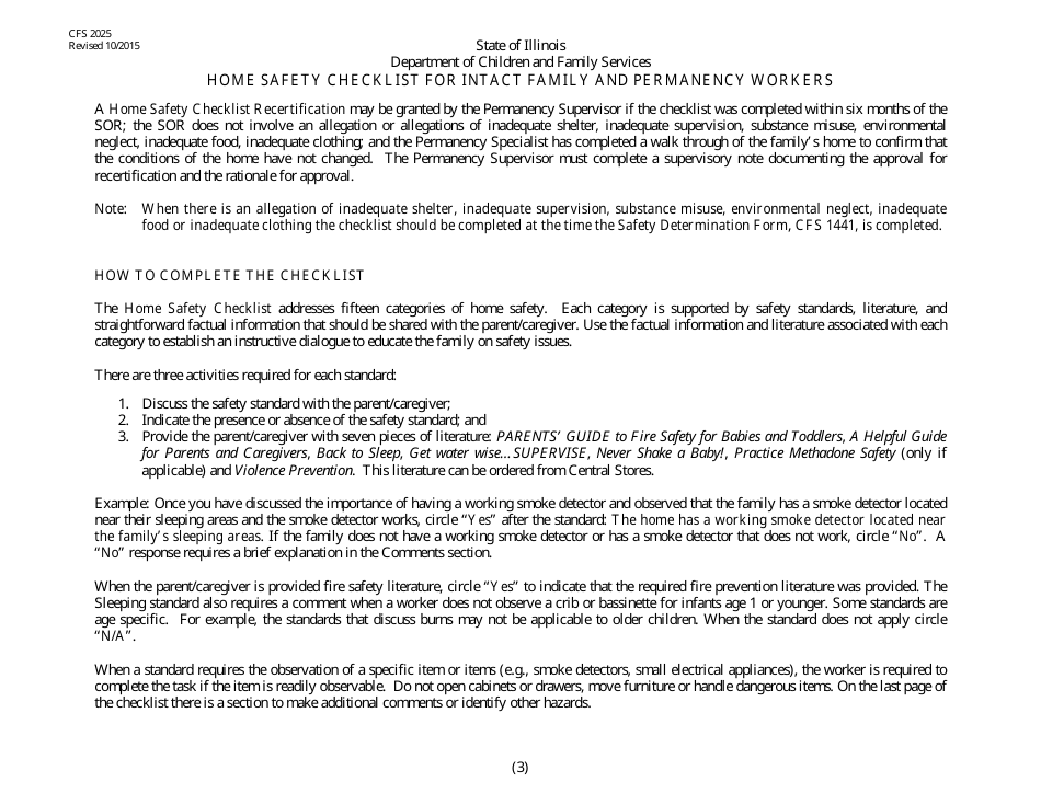 Form CFS2025 Home Safety Checklist for Intact and Permanency Workers - Illinois, Page 3