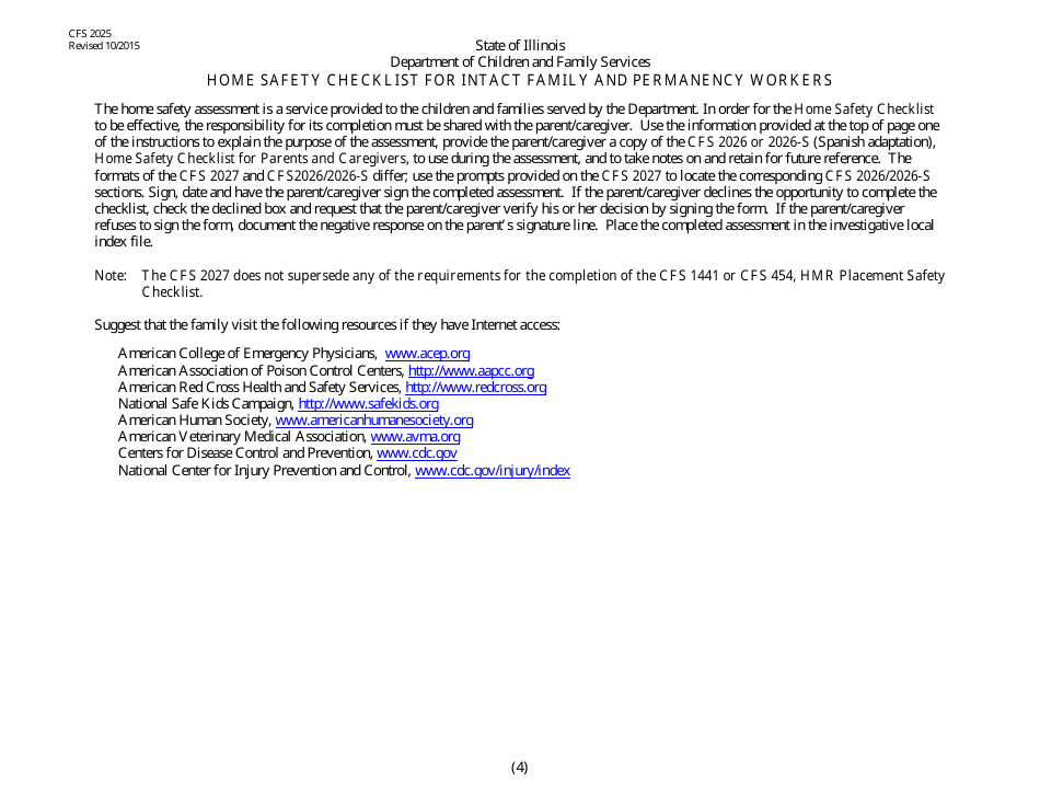 Form CFS2025 Home Safety Checklist for Intact and Permanency Workers - Illinois, Page 4