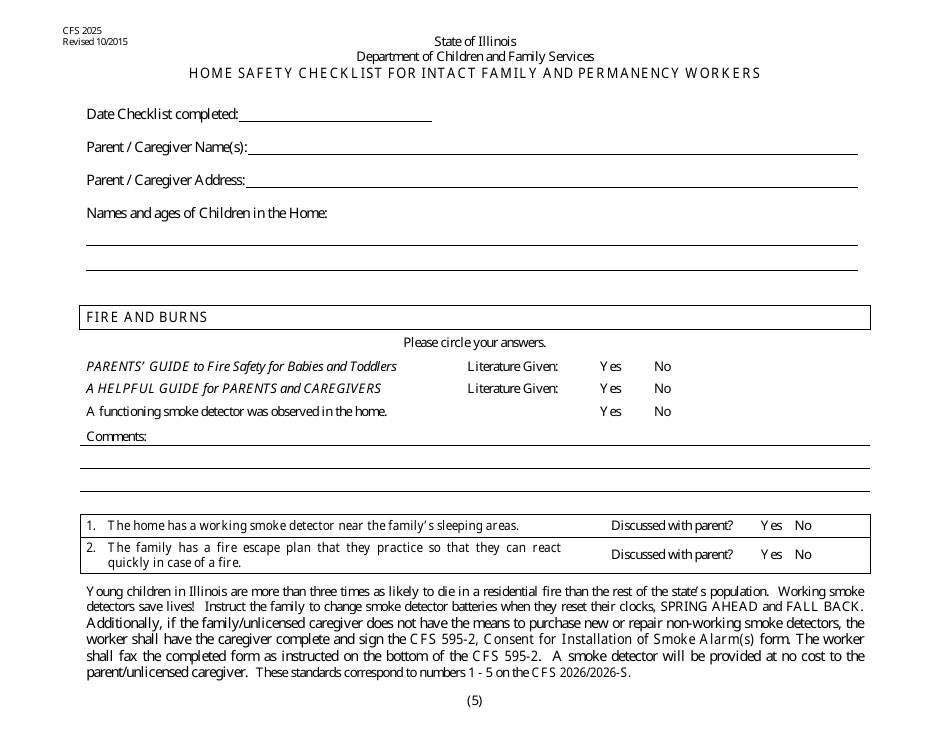 Form CFS2025 Home Safety Checklist for Intact and Permanency Workers - Illinois, Page 5