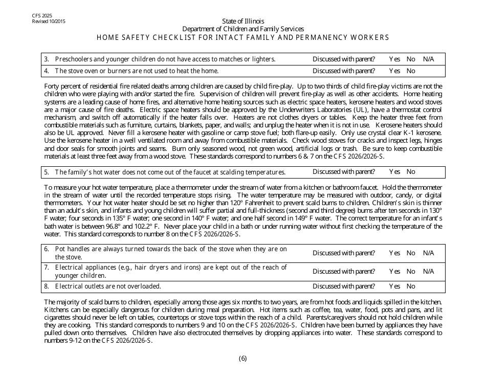Form CFS2025 Home Safety Checklist for Intact and Permanency Workers - Illinois, Page 6