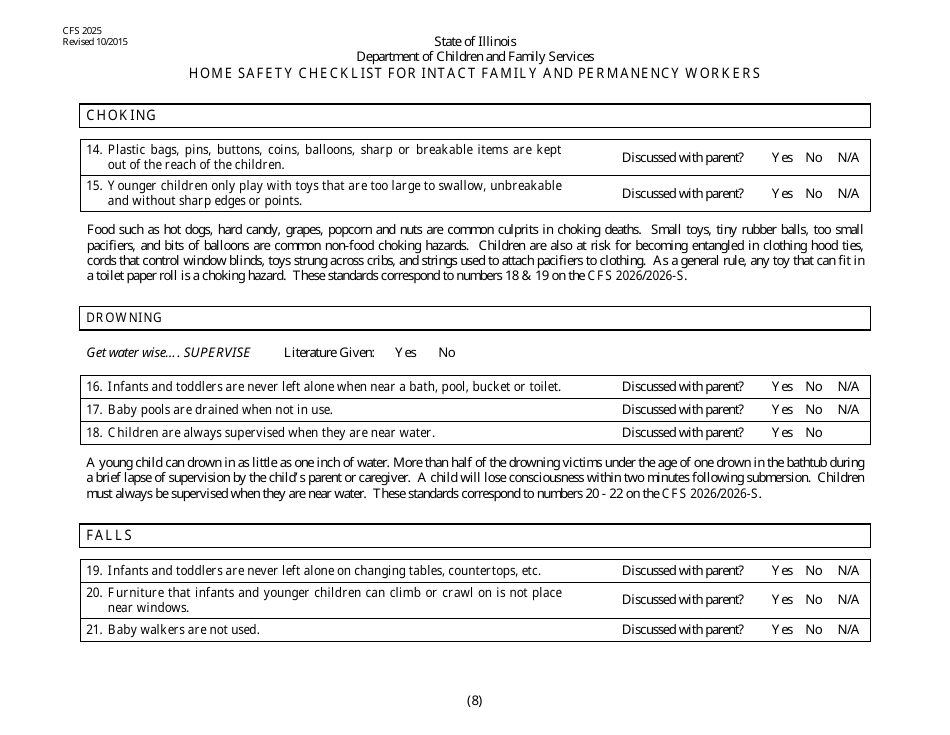 Form CFS2025 Home Safety Checklist for Intact and Permanency Workers - Illinois, Page 8