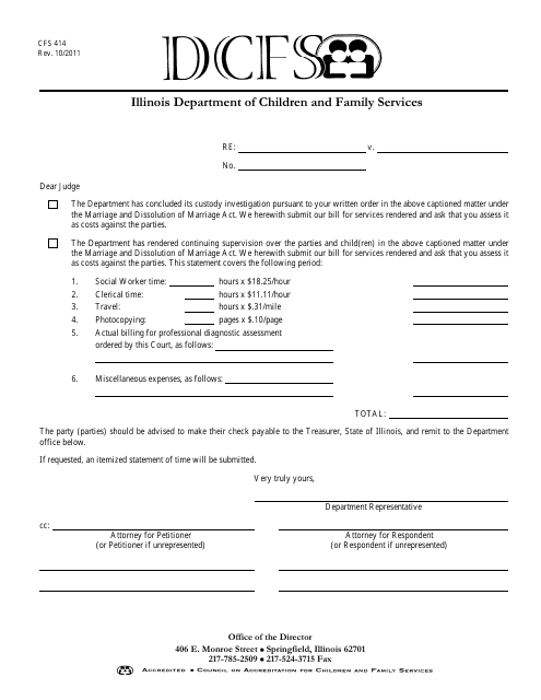 Form CFS414 Letter to the Judge-Costs Incurred During a Child Custody Investigation - Illinois
