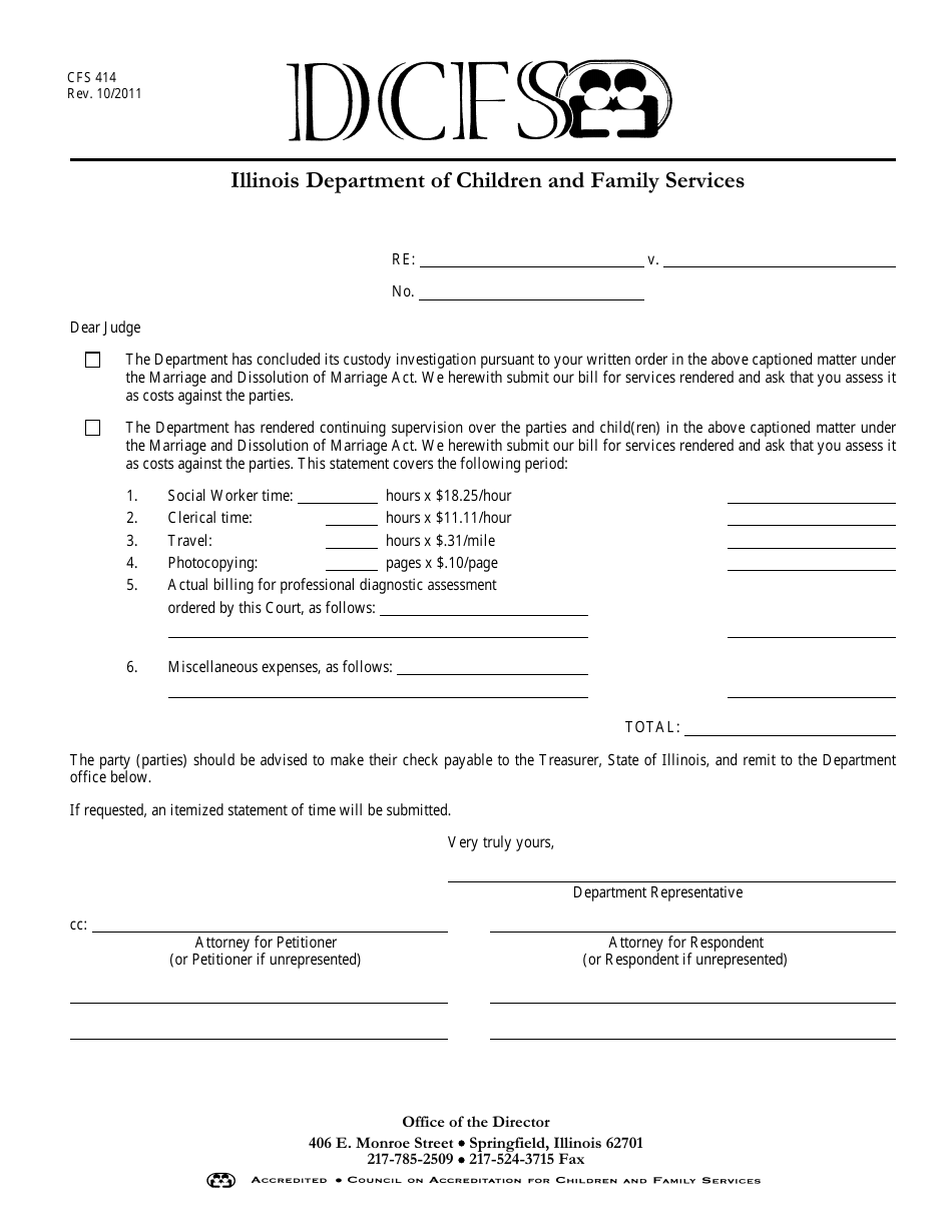 Form CFS414 Letter to the Judge-Costs Incurred During a Child Custody Investigation - Illinois, Page 1