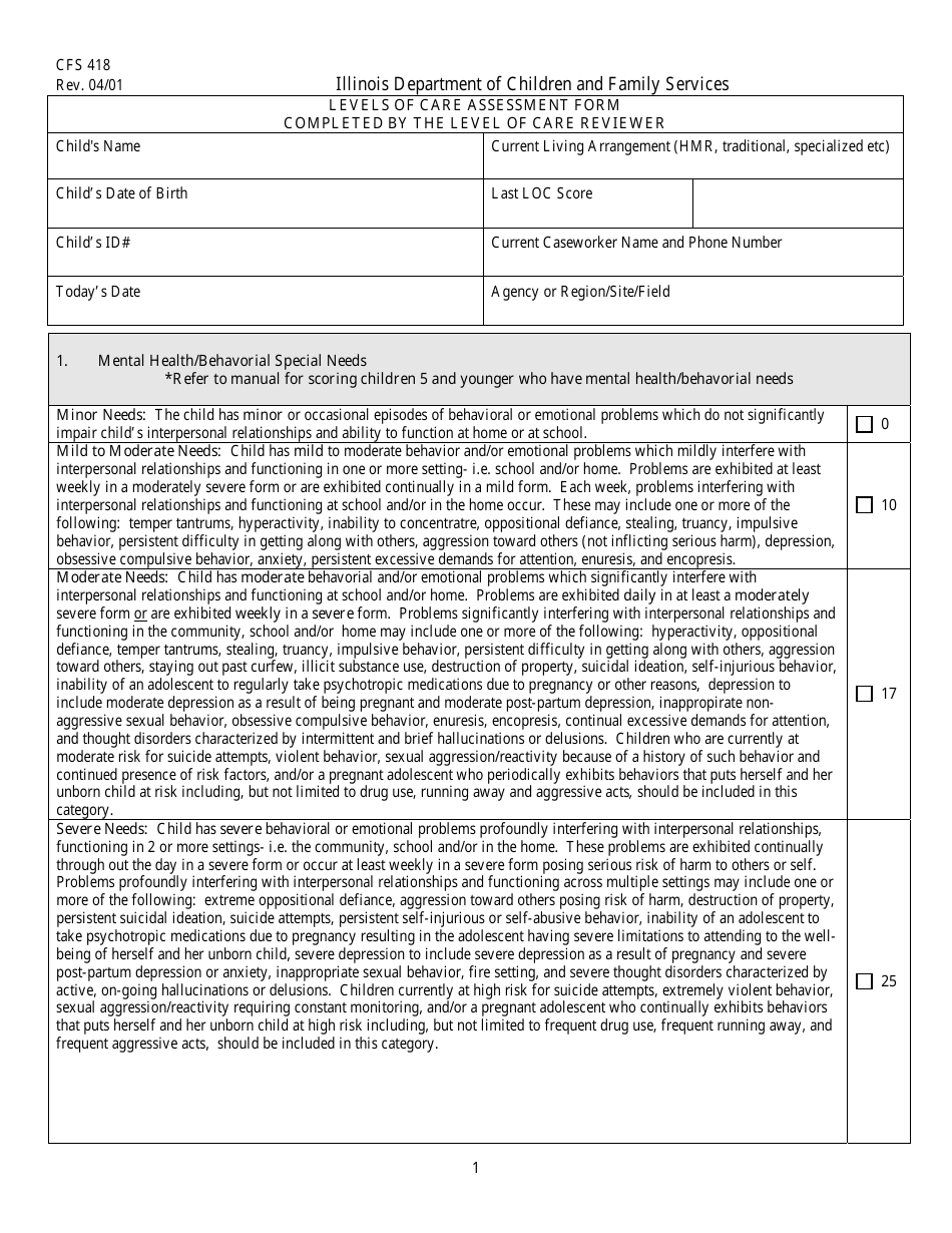 Form CFS418 - Fill Out, Sign Online and Download Fillable PDF, Illinois ...