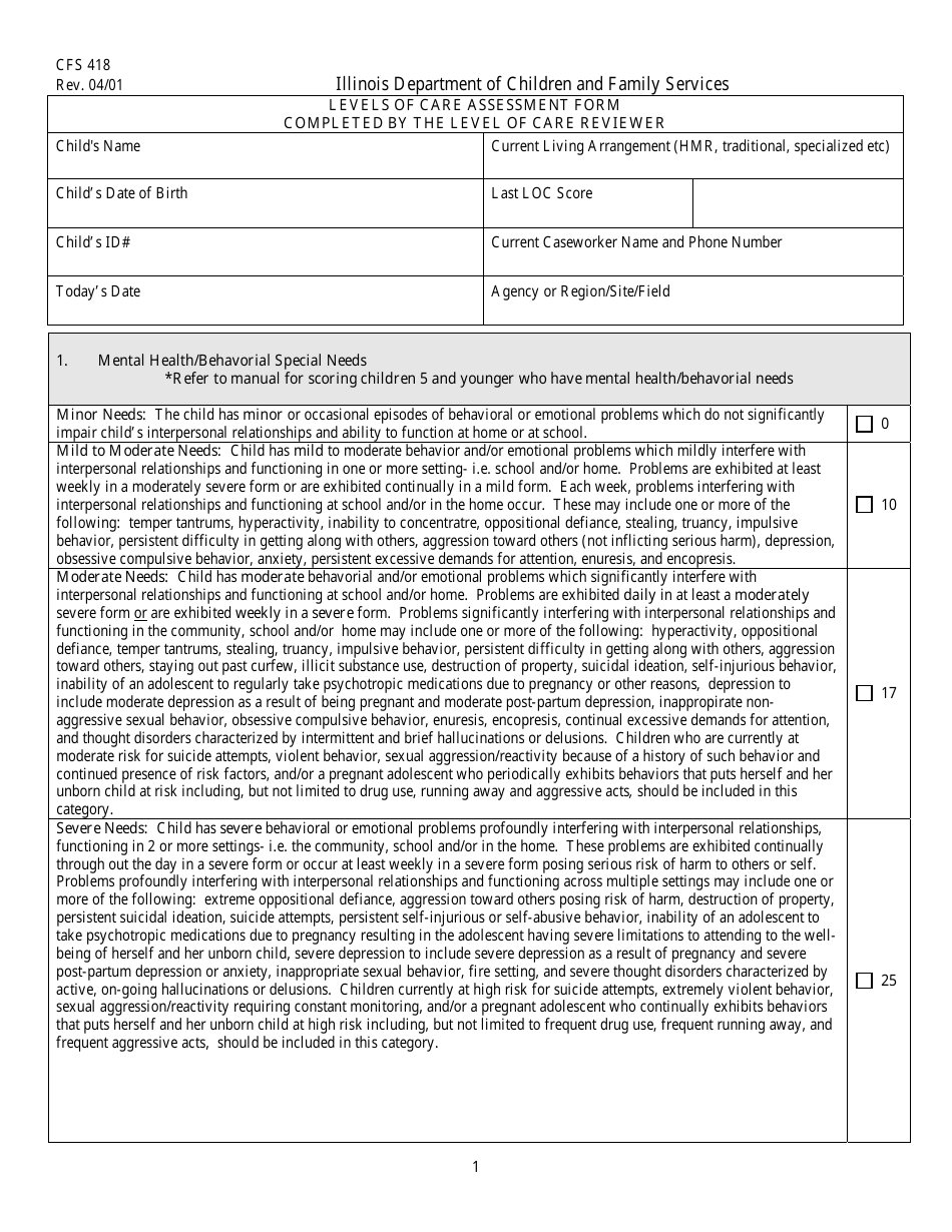 Form CFS418 Levels of Care Assessment Form - Illinois, Page 1