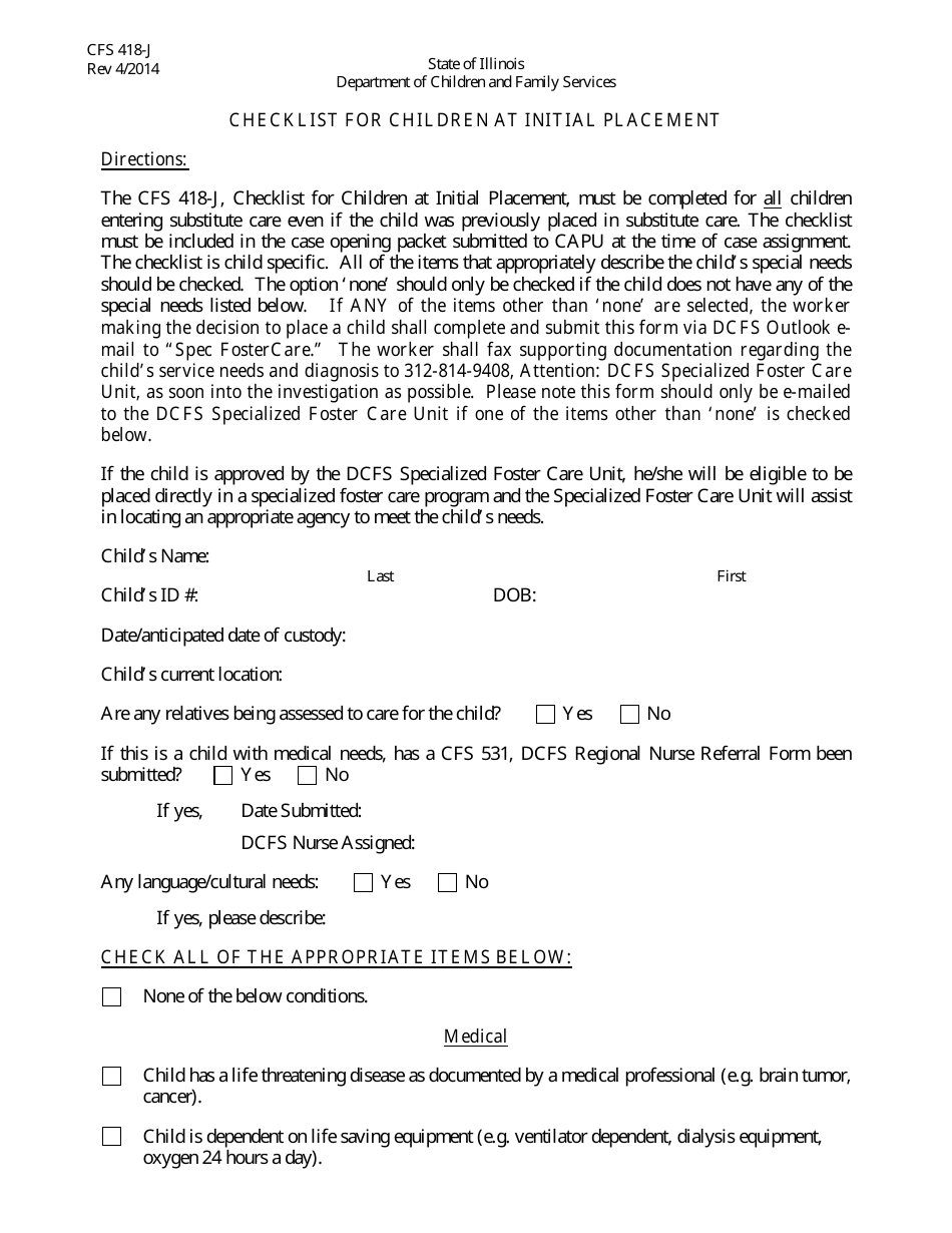 Form CFS418-J Checklist for Children at Initial Placement - Illinois, Page 1