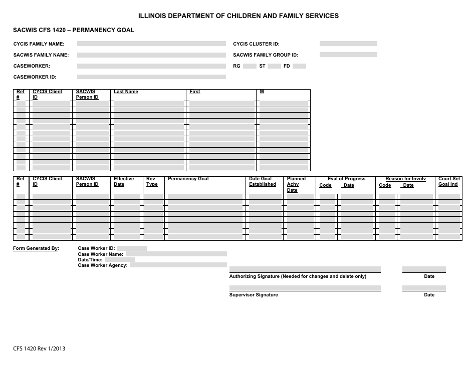 Form CFS1420 Sacwis Permanency Goal Form - Illinois, Page 1