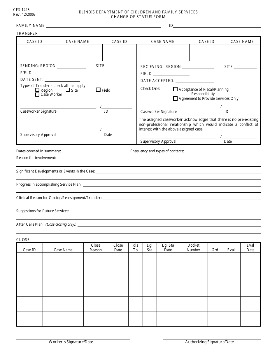 Form CFS1425 Change of Status Form - Illinois, Page 1