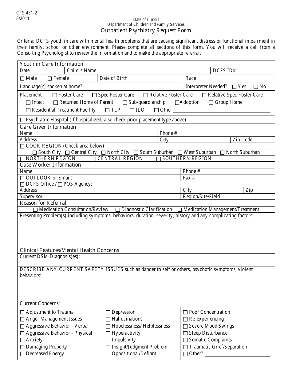 Form CFS431-2 Outpatient Psychiatry Request Form - Illinois, Page 1