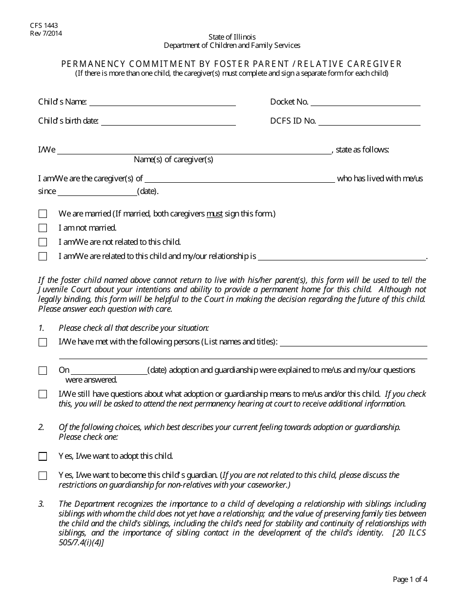 Form CFS1443 Permanency Commitment by Foster Parent / Relative Caregiver - Illinois, Page 1