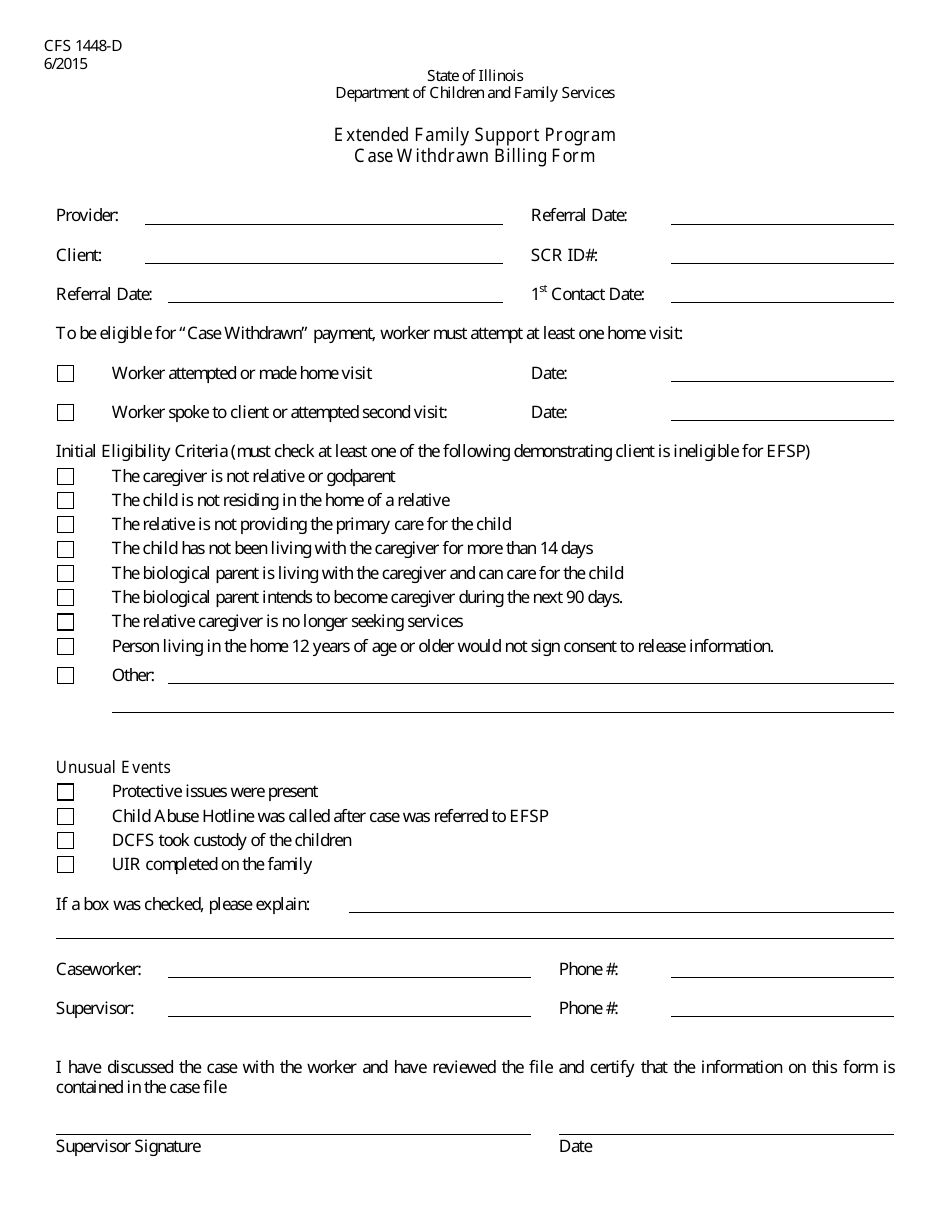Form CFS1448-D Extended Family Support Program Case Withdrawn Billing Form - Illinois, Page 1