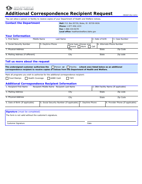 Form HW2007 Additional Correspondence Recipient Request - Idaho