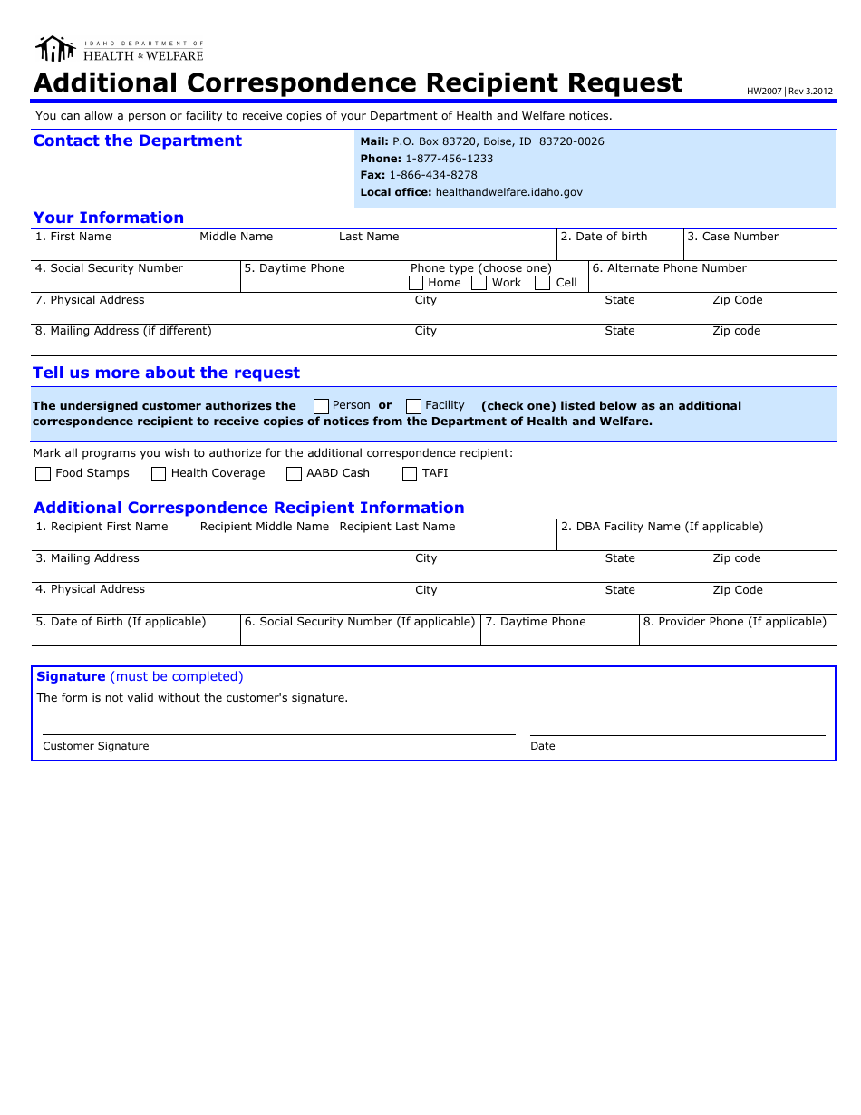 Form HW2007 Additional Correspondence Recipient Request - Idaho, Page 1