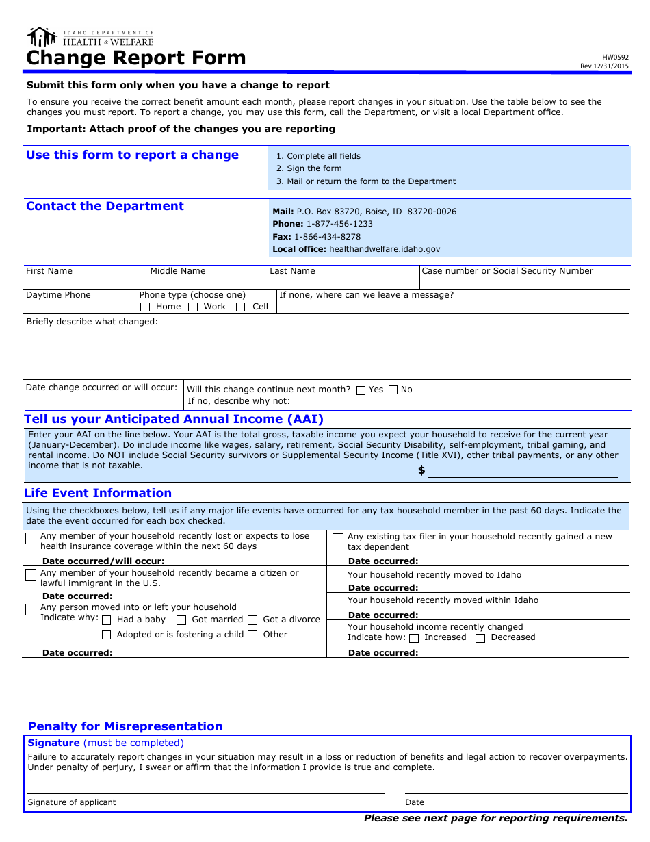 Form HW0592 Change Report Form - Idaho, Page 1