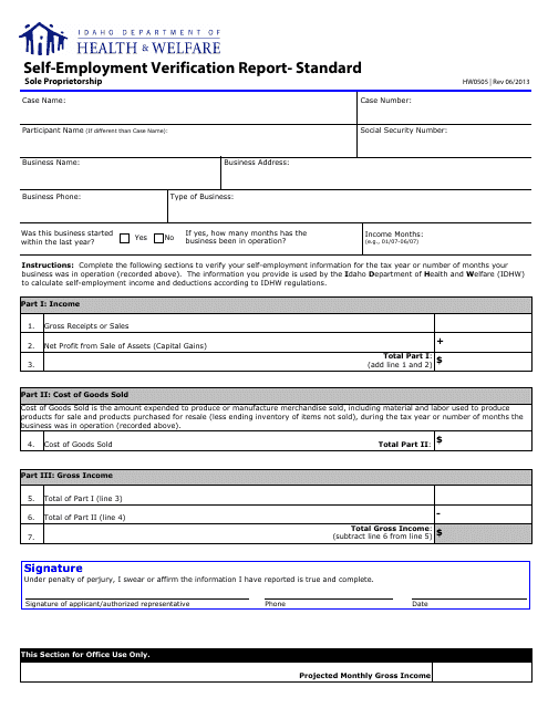 Form HW0505 Self-employment Verification Report- Standard (Sole Proprietorship) - Idaho