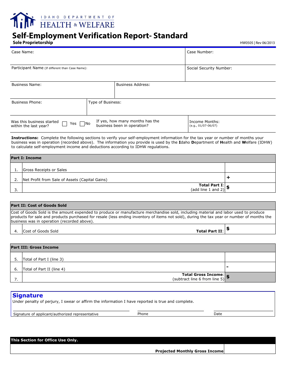 Form HW0505 Self-employment Verification Report- Standard (Sole Proprietorship) - Idaho, Page 1