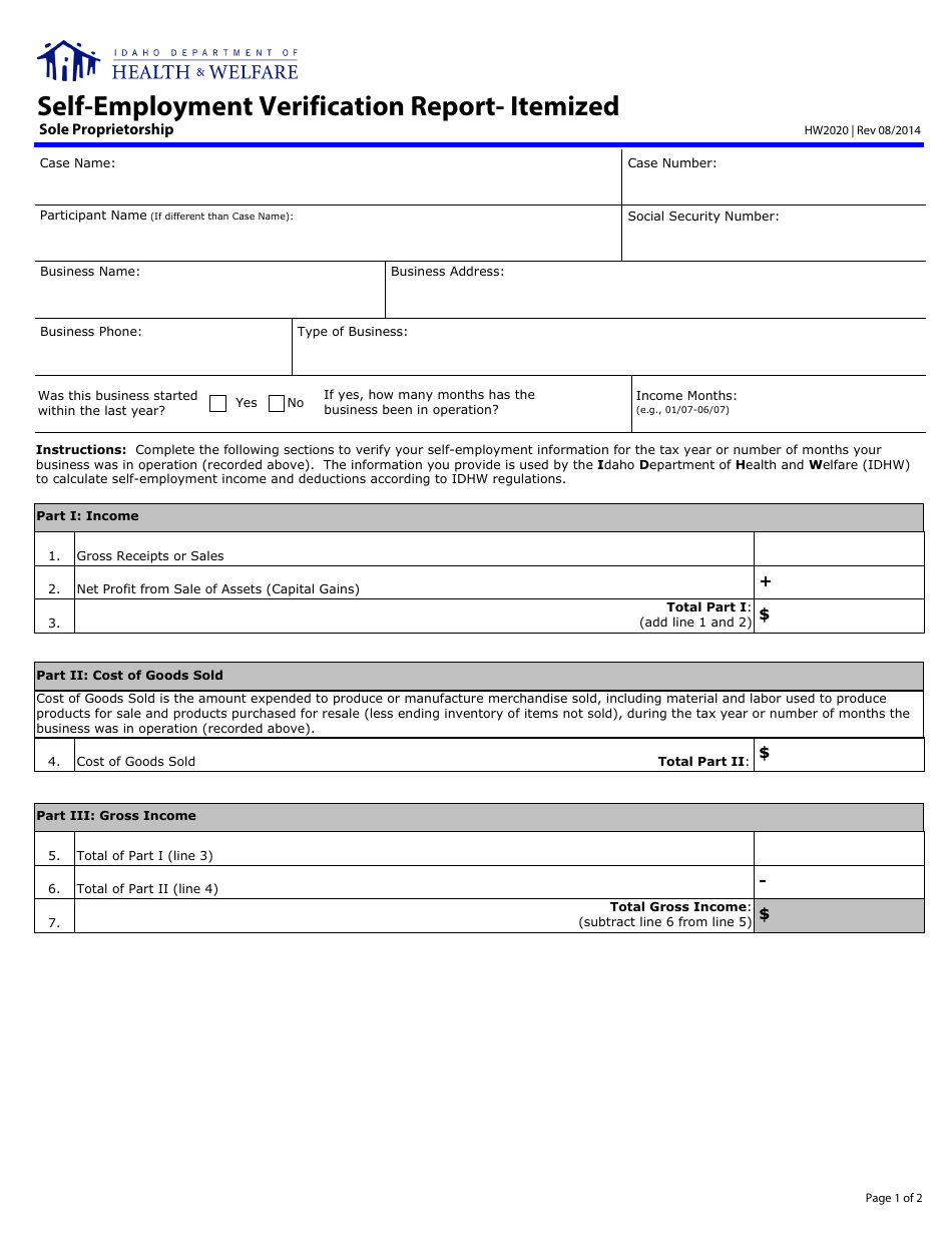 Form HW2020 Self-employment Verification Report- Itemized (Sole Proprietorship) - Idaho, Page 1