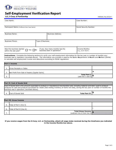 Form HW0506 Self-employment Verification Report (LLC, S-Corp, or Partnership) - Idaho