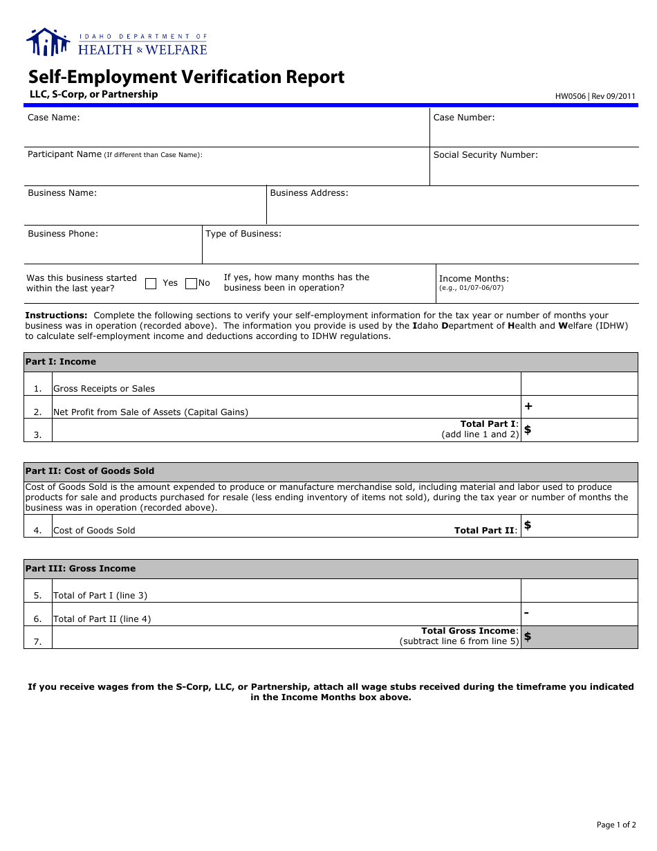 Form HW0506 Self-employment Verification Report (LLC, S-Corp, or Partnership) - Idaho, Page 1