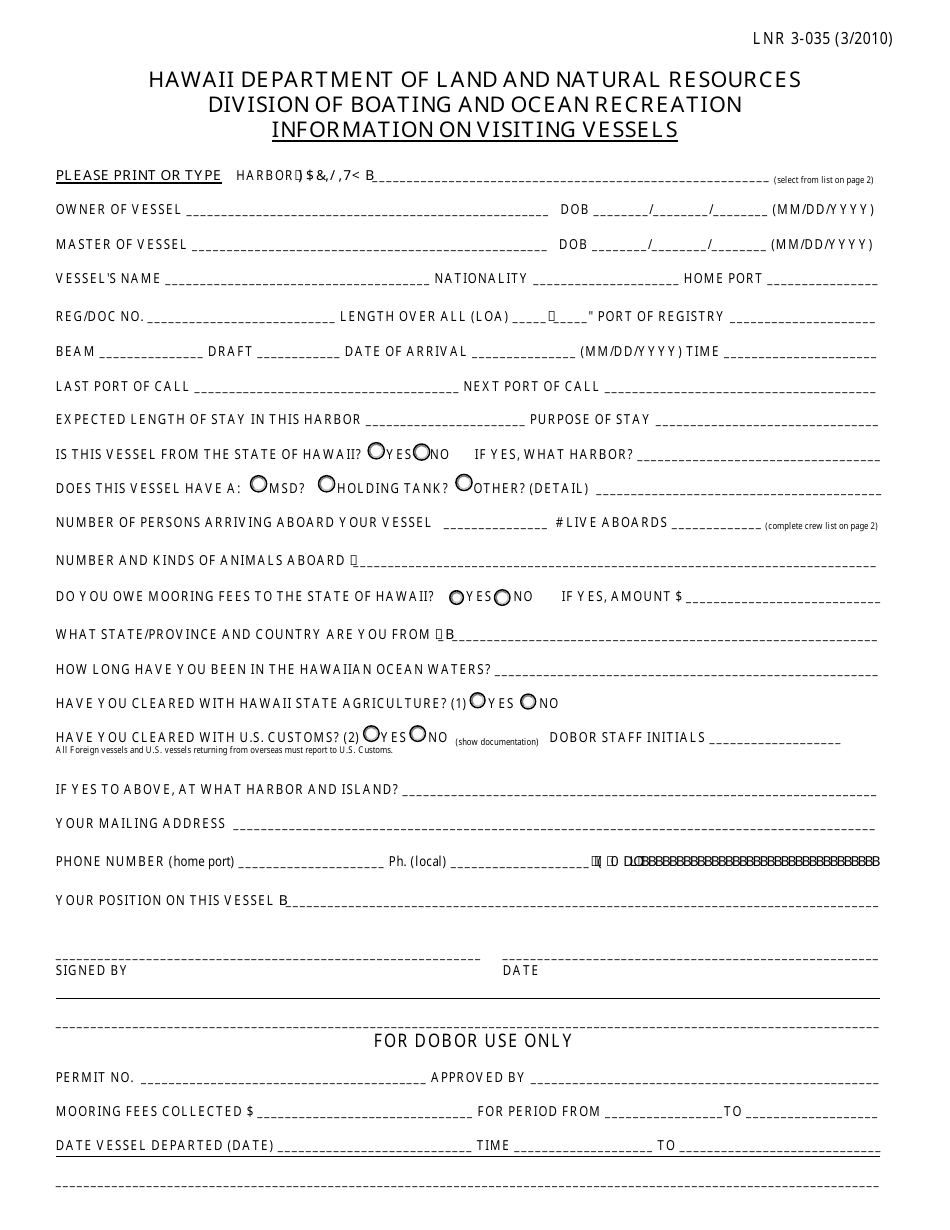 Form LNR3-035 Registration for Visiting Vessels - Hawaii, Page 1